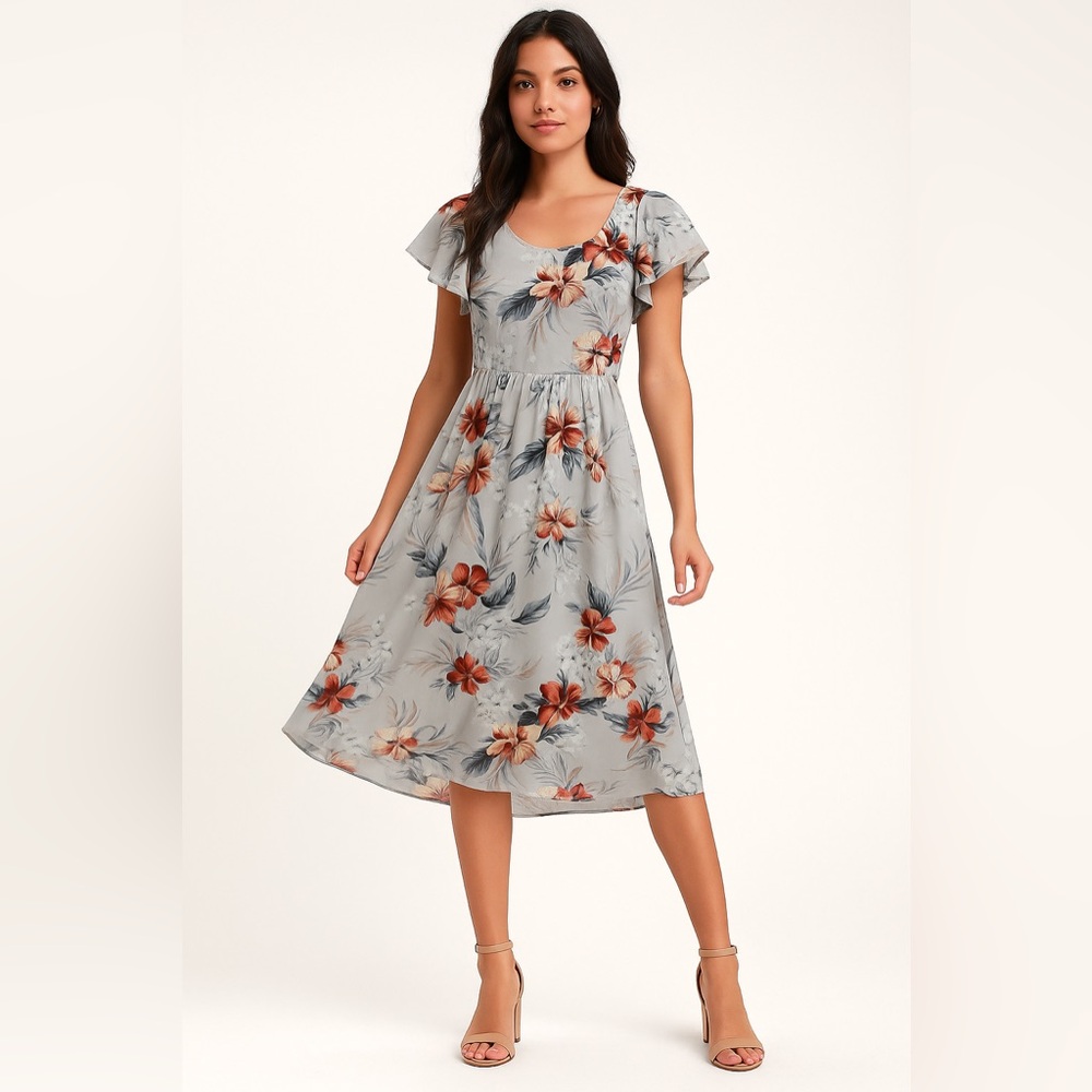 Lulus Floral Gray Tie Back Midi Dress Small Flutter Sleeve Open Low Back Fairy
